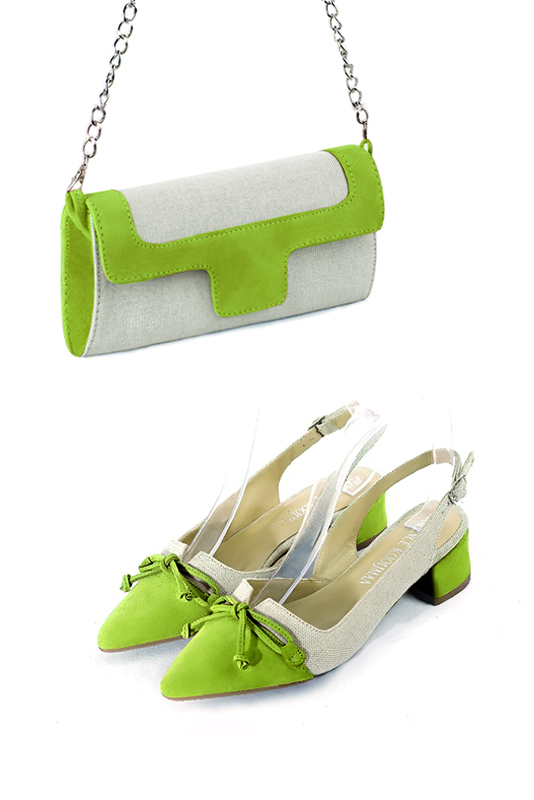 Women's natural beige and pistachio green luxurious elegant clutch for ceremonies, weddings and evenings out. - Worn view